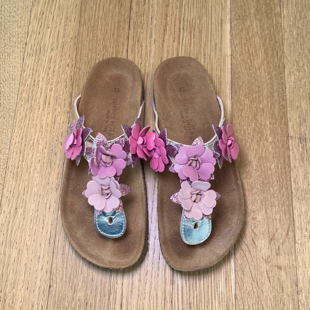 Garnet Hill Kids Girls Italian Embellished Thong Sandal 33 Gold Pink Floral NIB